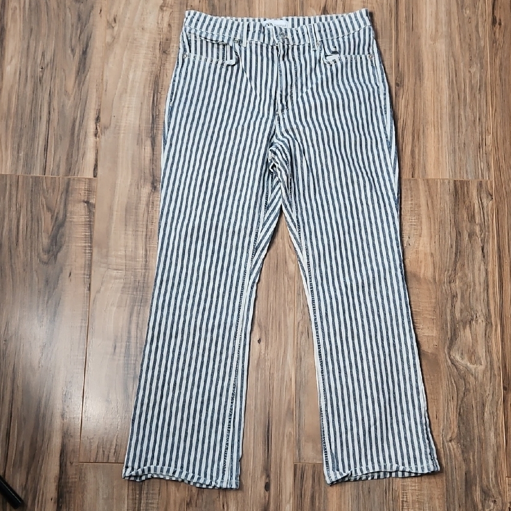 Zara Navy and White Striped Women's Jeans Size 8 - Picture 3 of 10